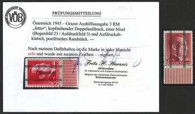 ** - Österr. 1945 - 3 RM Graz mit Doppelaufdruck kopfstehend - einer in Blinddruck dieser mit Abklatsch, - Francobolli