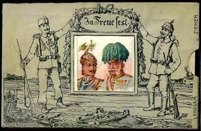 Poststück - Mechanische ZiehAnsichtskarte Kaiser Franz Josef mit Kaiser Wilhelm + Feldherren, - Známky