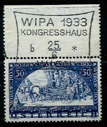 gestempelt - Österr. WIPA glatt vom Bogenoberrand (rechts leicht angetrennt) mit Kongresshaus -Sonderstpl. "b" vom 25.6., - Stamps