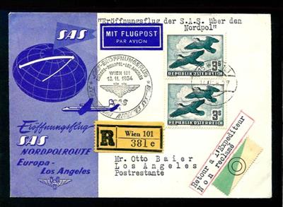 Österr. Flug 1950 Paar des 3 S Wertes a. SAS - Flugbrief nach LOS ANGELES + 6 weitere Flugpostbriefe, - Francobolli