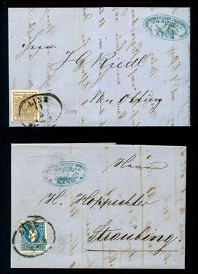 Österr. Nr.4 M bzw. 15 II je a. Poststück von Linz des Schifffahrtsunternehmens nach Neuötting bzw. Straubing, - Briefmarken und Ansichtskarten