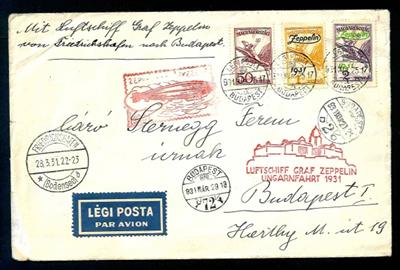 Ungarn - 1931 Zeppelin: Ungarnfahrt,2 Ganzsachen und 1Brief mit Zeppelinmarken und allen Sonderstempeln (Mi.478/79), - Briefmarken und Ansichtskarten