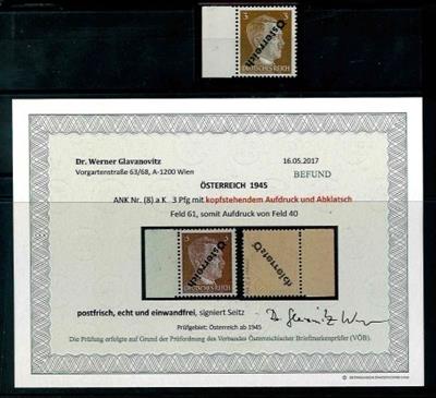 ** - Österr. 1945 - Nr. (8) aK mit kopfstehendem Aufdruck und Abklatsch - Stamps