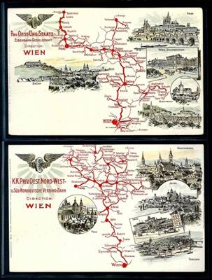 2 versch. AK der Oest.- Ung. Staatsbahn Wien mit Abbildungen der Bahnlinien von Wien nach Norden Richtung Prag, - Stamps