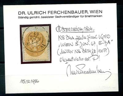 Briefstück - "WIEN 5. Jun.67/5-7A" seltener Doppelkreisstempel auf 15 Kreuzer braun Ausgabe 1864, - Stamps