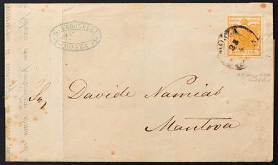 Lombardei Ausg. 1850 - Nr. 1 dunkelorange mit kl. Plattenf. auf Drucksache vom MONZSA nach Mantua, - Stamps