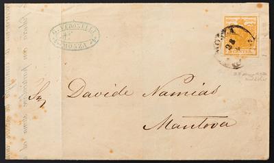 Lombardei Ausg. 1850 - Nr. 1 dunkelorange mit kl. Plattenf. auf Drucksache vom MONZSA nach Mantua, - Briefmarken und Ansichtskarten