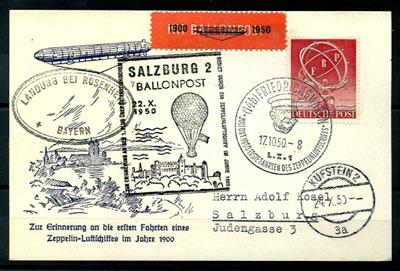 Berlin 1950 ERP Sondermarke auf Ballonpostkarte von Friedrichshafen(L. Z.1) mit Landungsstempel von Rosenheim, - Francobolli