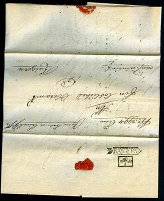 Poststück - 1839 "RAYGERN" Kastenstempel in Pfeilform + Kastendatumsstempel auf Rückseite eines Briefes aus Brünn, - Francobolli