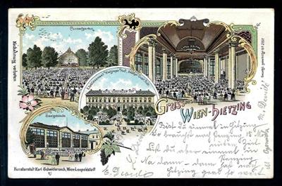 Poststück - 1896/1929 "Gruss aus Wien-Hietzing","Alfred Doll's Weinhaus/Ob. St. Veith", - Známky