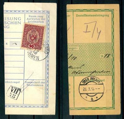 Poststück - 1918 Erstagsstempel der Tschechoslowakei vom 28.10.1918 auf 4 PaketkartenAbschnitte aus Ober Polaun, - Briefmarken und Ansichtskarten