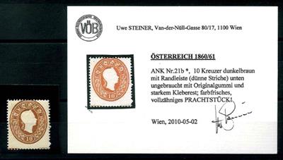 * - Österr. Nr. 21b dunkelbraun - lt. Kurzbefund Uwe Steiner "mit Randleiste (dünne Striche) unten, - Stamps