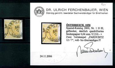 .Û - Österr. Nr. 1 HIII gelbocker mit deutlich quadrilliertem Seidenpapier 0,06 mm, - Stamps