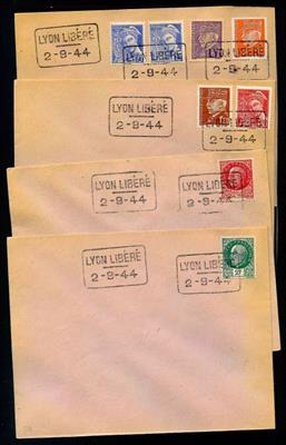 Frankreich 1944 - "Befreiungsstempel LYON" vom 2.9. 1944 auf 7 ungelaufenen Kuverts (1 Kuvert mit Riss), - Stamps