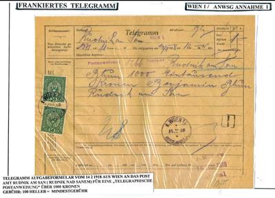 Österr. 1918 frankiertes Telegramm - Známky