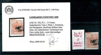 Österreich Lomb Ausg 1850 .Û - 15 Centes. dunkelkarmin Type 1/Pl.1 Hp Erstdruck mit deutlichem Balken oben, - Francobolli