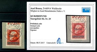 Briefstück - Saargebiet Nr. 29 auf Briefstück - aktueller Kurzbefund Braun, - Briefmarken und Ansichtskarten