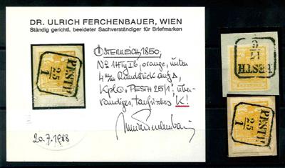 Österreich Ausgabe 1850 Briefstück - 1 Kreuzer orange unten 4 mm Rand und 1 Kreuzer ockerorange, - Briefmarken und Ansichtskarten