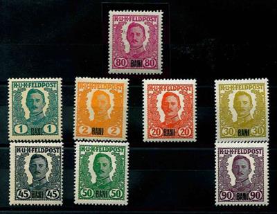 ** - Österr. Feldpost - Ausg. f. Rumänien Nr. I - II - VI - VIII - IX (Knick) - X - XII - XIII - meist gute Erh., - Stamps