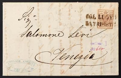 Österr. Ausg. 1850 - Zweizeiler "COL. LLOYD/DA TRIESTE" auf Faltbrief mit Nr.4M nach Venezia aus 1856, - Briefmarken und Ansichtskarten