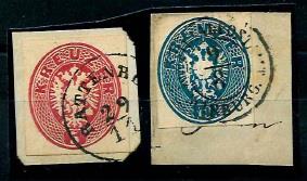 Österr. Ganzsachenausschnitte 1863 als Freimarken verwendet Ganzsachenausschnitte 5 Kreuzer rot und 10 Kreuzer blau, - Briefmarken und Ansichtskarten