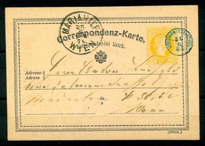 Österreich - Abstempelungen Mähren WOLFRAMITZKIRCHEN - blauer Fingerhutstempel auf gelber 2kr-Karte im Muster 1867, - Stamps