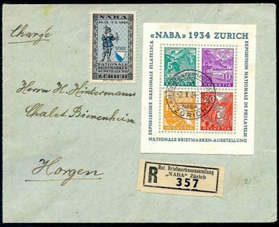 Schweiz - NABA - Block mit entsprechendem Sonderstempel vom 2.10. 1934 und Vignette auf Reko - Brief. Sammlerspuren, - Francobolli