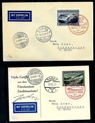 Liechtenstein Nr. 114/15 auf Karte bzw. Kuvert via Zeppelinpost Lausanne nach Pyritz/D.Reich, - Stamps