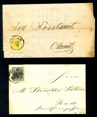 Österr. Ausg. 1850 - Partie Poststücke - Nr. 1MIII - 2HIII - 3M/5M - je auf Poststücke, - Francobolli