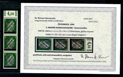 ** - Österr. 1945 - Nr. 668Ia z+x+y (= 15 + 14 + 13 Gitterlinien) im senkrechten Dreierstreifen, - Stamps