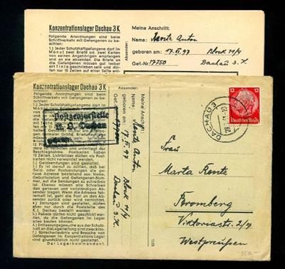 1941 Konzentrationslager Dachau 3K: kompletter Vordruckbrief mit Inhalt und allen Zensuren nach Bromberg/ Westpreussen, - Známky