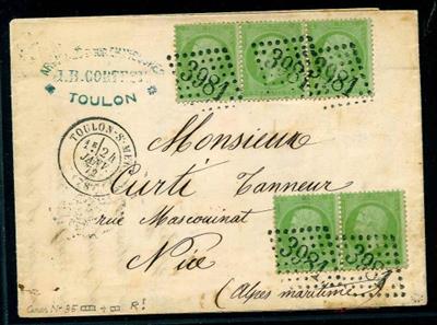 Frankreich 1872 Napoleon 5 C. grün auf bläulich waagr. Dreierstreifen und waagr. Paar auf Brief von Toulon nach Nice, - Francobolli