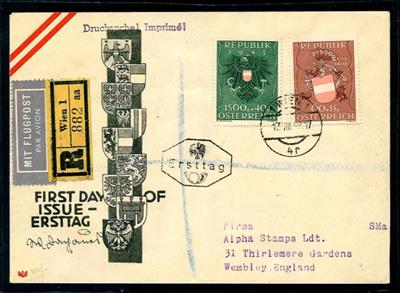 Kl. Partie Poststücke Österr. II. Rep. u.a. mit Nr. 949/52 auf auf 2 Ersttags - Flugpostbriefen nach London, - Briefmarken und Ansichtskarten