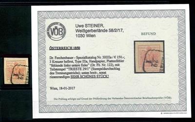 Ö. Ausgabe 1850 gestempelt - 3 Kreuzer Type Ia1 dunkelkarmin, - Známky