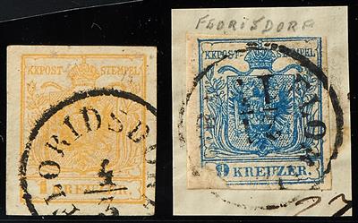 Ö Ausgabe 1850 gestempelt/Briefstück - "Floridsdorf" Einkreisstempel auf 1 Kr. gelb und 9 Kr. blau, - Známky