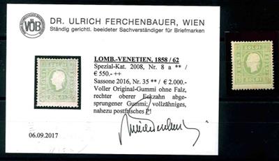Ö Lombardei Ausgabe 1858 ** - 3 Soldi gelblichgrün mit vollem Original-Gummi, - Briefmarken und Ansichtskarten