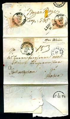 Österr. 1858 6 Kreuzer rotbraun Type Ic Hp + rückseitig 2 x 3 Kr. rot Recomarken auf Brief von Wien nach Leoben, - Známky