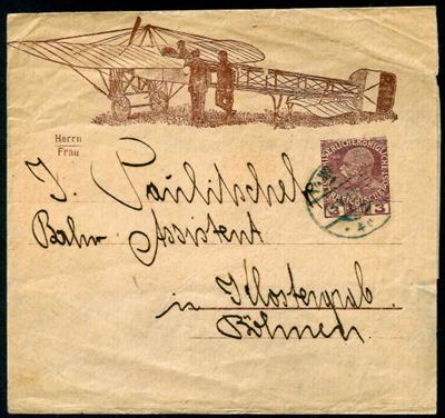 Österr. 1910 ZeitungsschleifeGanzsache zu 3 Heller lilabraun mit Aeroplane Abbildung von Wien nach Böhmen, - Briefmarken und Ansichtskarten