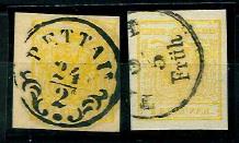 Österr. Nr. 1M mit Zierstempel"PETTAU 24/2" - sowie Nr. 1 M Erstdruck, - Briefmarken und Ansichtskarten