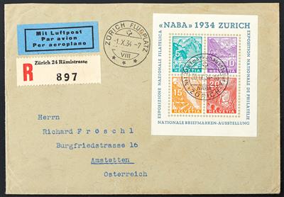 Schweiz 1934 "NABA-Block" auf Flugpostbrief Zürich - Amstetten vom 1. X.34, - Známky