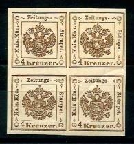 ** - 1873 Zeitungsstempelmarke 4 Kreuzer braun Neudruck im Viererblock,1 Marke kleiner Einriss, - Stamps