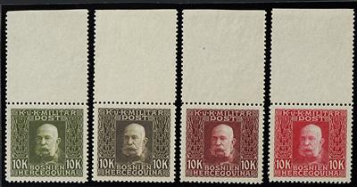 Bosnien (*) - 1912 Freimarken 10 Kronen un 4 verschied. Farbproben mit oberem Bogenrand, - Briefmarken und Ansichtskarten