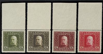 Bosnien (*) - 1912 Freimarken 10 Kronen un 4 verschied. Farbproben mit oberem Bogenrand, - Francobolli