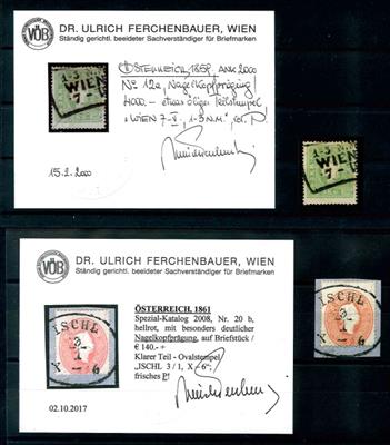 Briefstück/gestempelt - "Nagelkopfprägung" auf 3 Kreuzer grün und 5 Kreuzer hellrot, - Briefmarken und Ansichtskarten