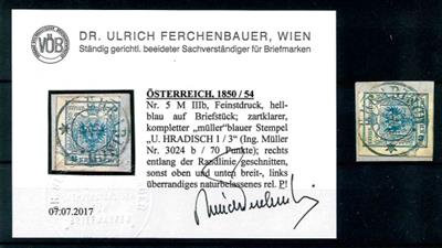 Briefstück - "U. HRADISCH/1.3./*" müllerblauer Doppelkreisstempel auf 9 Kreuzer Type IIIb Mp, - Briefmarken und Ansichtskarten