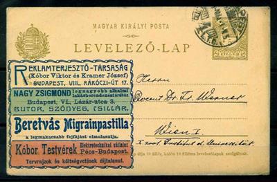 Europa Ungarn 1908 Reklame-Postkarte zu 5 Filler grün von Budapest nach Wien, - Známky