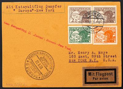 Katapult Österr. 1930 "EUROPA"Vorläufer - Karte mit allen Spezialstempeln und schöner Flugpost-Frankatur nach New York, - Stamps