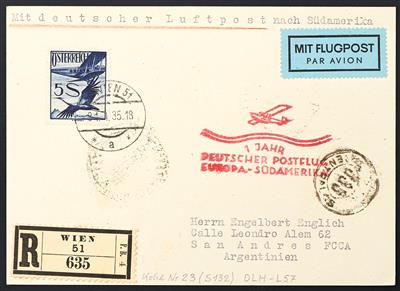 Katapult Südatlantik Österr. 1935 "1 JAHR/DEUTSCHER POSTFLUG/EUROPA-SÜDAMERIKA" Recokarte aus Wien nach San Andres, - Známky