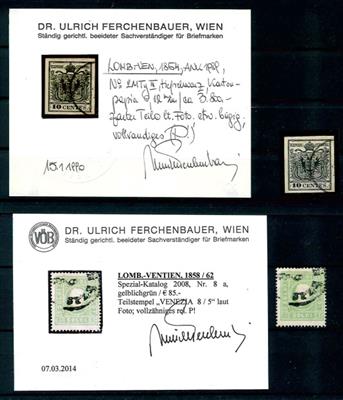 Lombardei gestempelt - 10 Centes tiefschwarz Type III o,12 mm Karton Mp und 3 Soldi gelblichgrün, - Briefmarken und Ansichtskarten