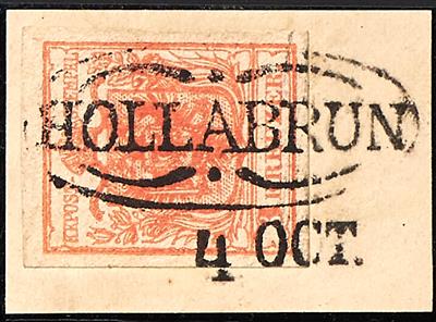 Ö Ausgabe 1850 Briefstück - "HOLLABRUN" + "4. OCT." Zierovalstempel der Vorphilatelie auf 3 Kreuzer rot Type I Hp, - Francobolli
